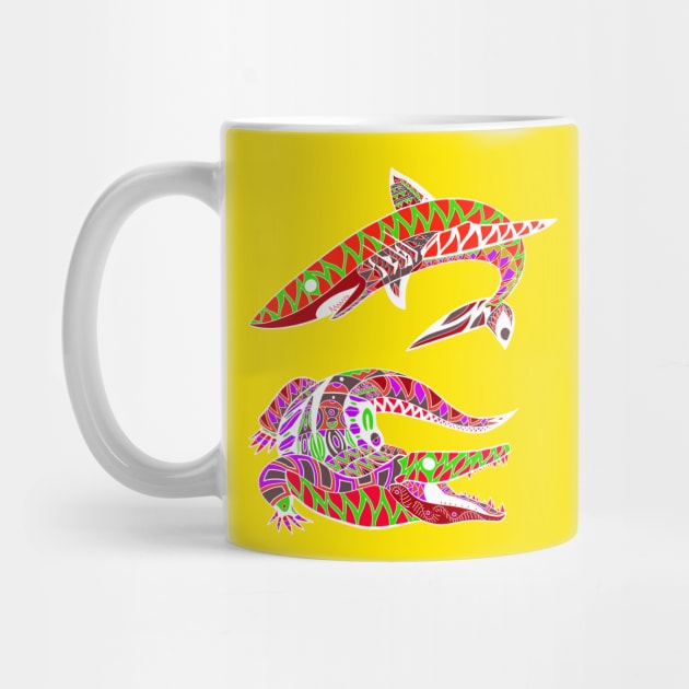 shark and alligator attack ecopop tribal totonac pattern arts by jorge_lebeau